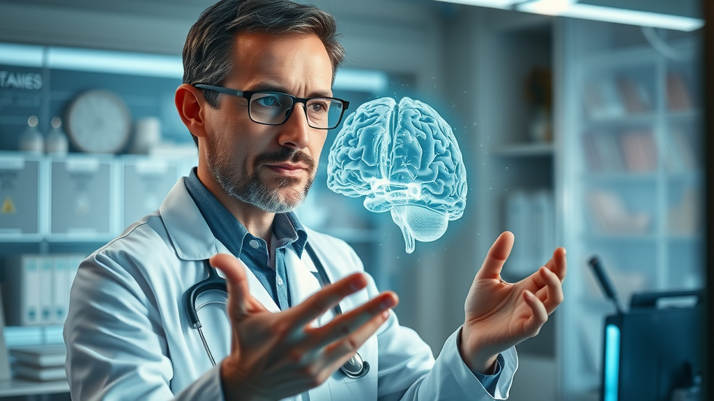 confident medical researcher reviewing AI-analyzed 3D brain scan for patient care improvement