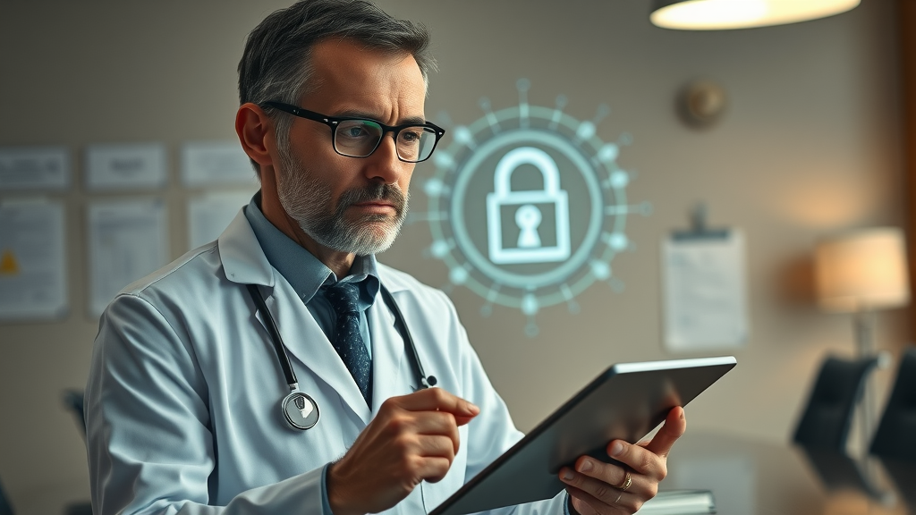 Ethicist doctor reviewing AI ethics code on tablet in hospital boardroom