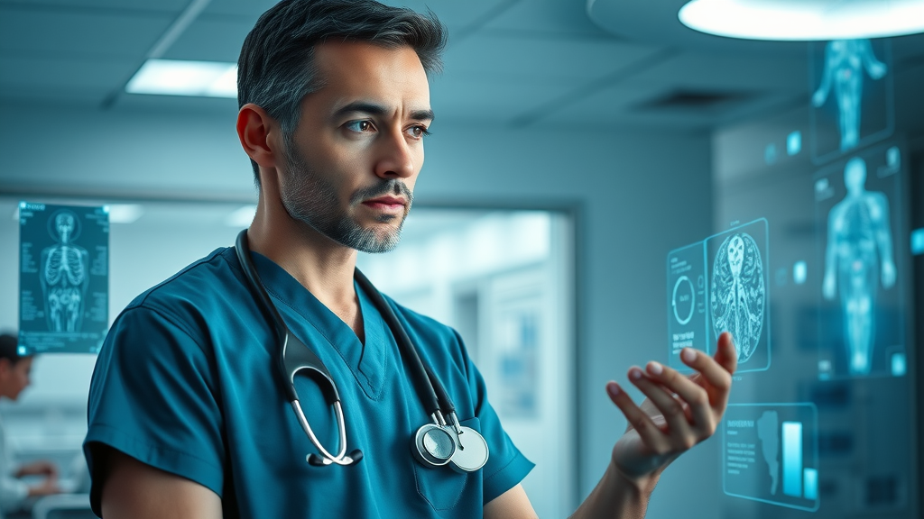 Thoughtful healthcare provider reviewing medical data augmented by AI holographic projections ai in health clinical practice
