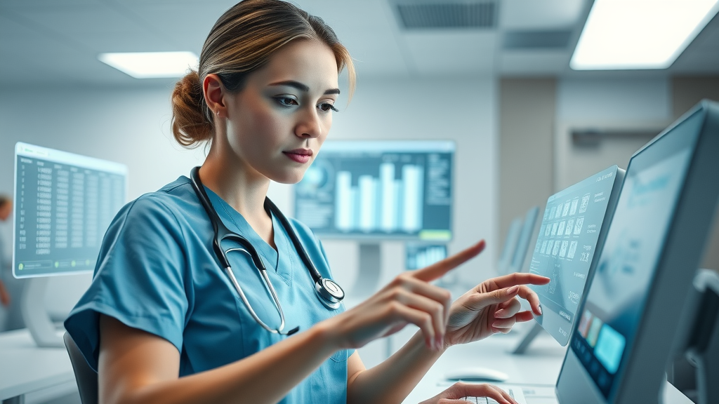 Motivated nurse using AI-powered scheduling dashboard at modern nurse station