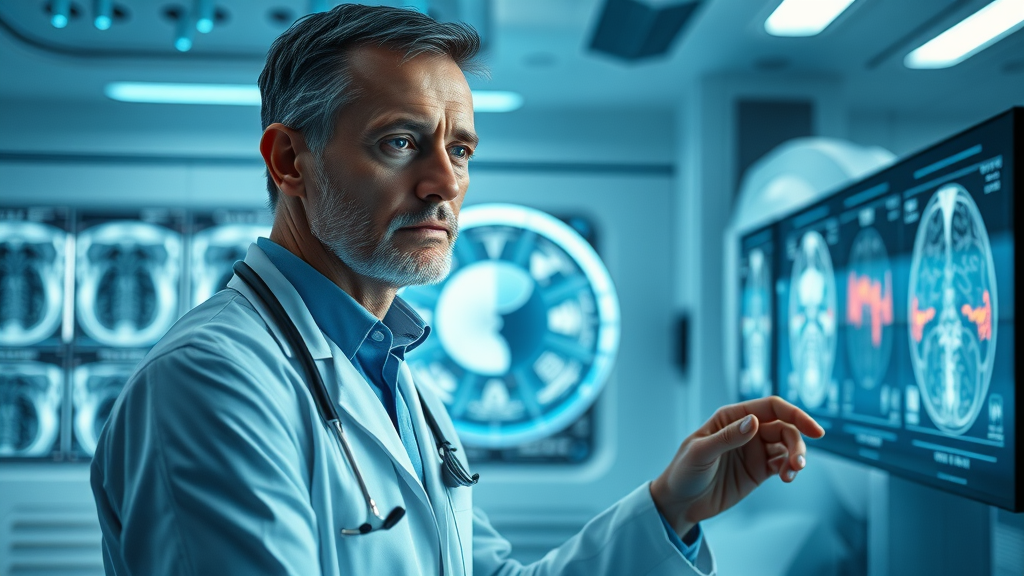 futuristic AI algorithms highlighting anomalies in radiology medical imaging observed by a radiologist