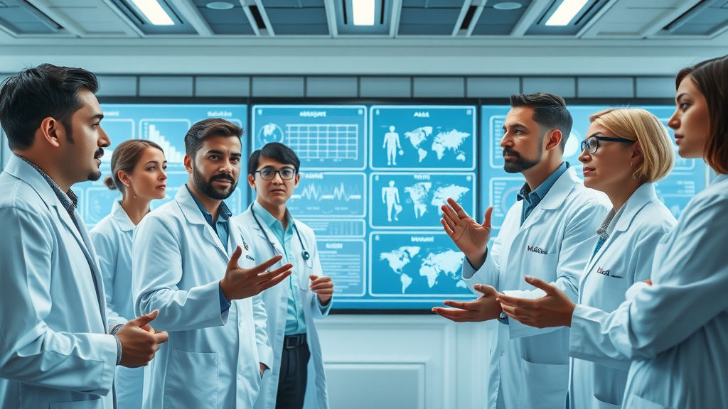 ambitious research team brainstorming next-gen healthcare AI solutions in advanced laboratory