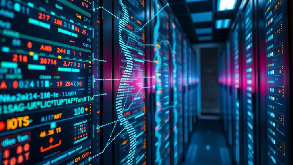 machine learning AI in healthcare with data streams and illuminated server racks.