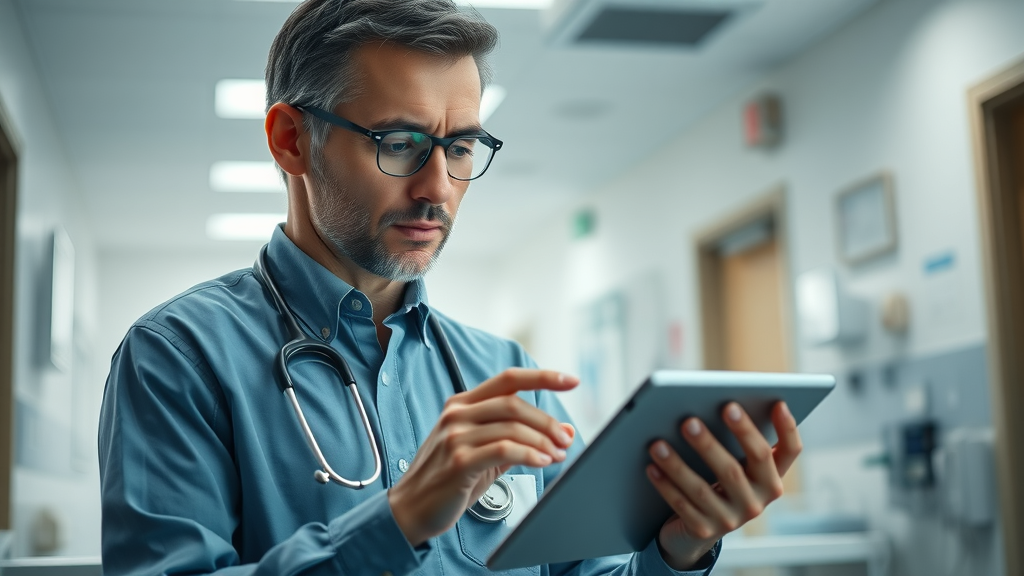 healthcare professional using AI-generated clinical decision support on a tablet in a hospital.