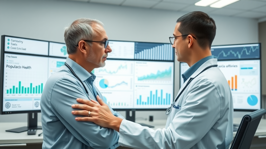 Healthcare data management dashboard with clinician reviewing population health trends