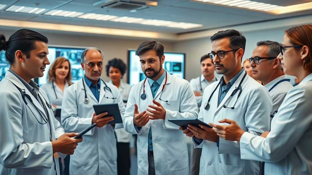 AI diagnostics: diverse group of doctors in hands-on AI diagnostics training with digital medical tools in a healthcare system