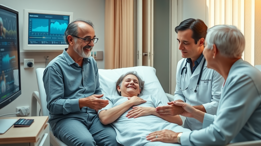 Grateful patient with family discussing positive diagnosis with AI-assisted doctor in patient room