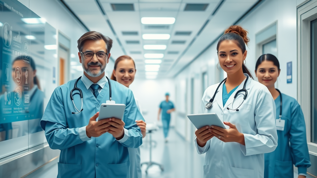 doctors and nurses using digital AI interfaces to monitor patient progress in modern hospital corridor