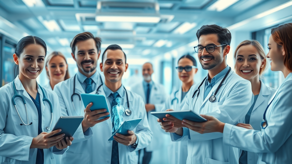 AI in healthcare hospital scene with doctors and artificial intelligence interfaces, high-tech hospital, medical data projections