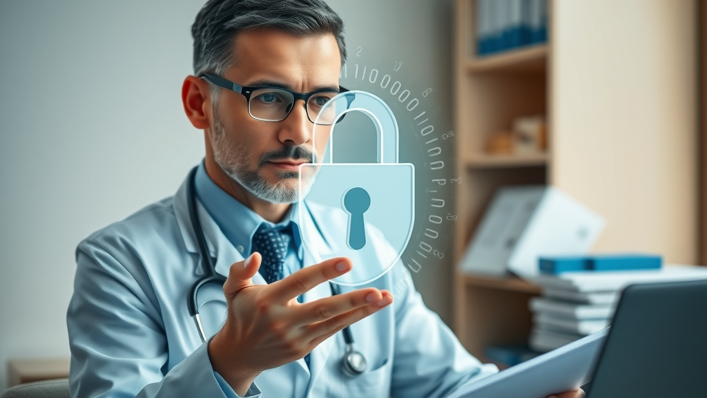 Diligent healthcare professional with secure digital padlock overlay patient privacy ai medical applications mental health