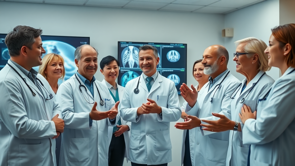 AI-driven diagnostic team celebrating cancer detection success in a modern hospital conference room