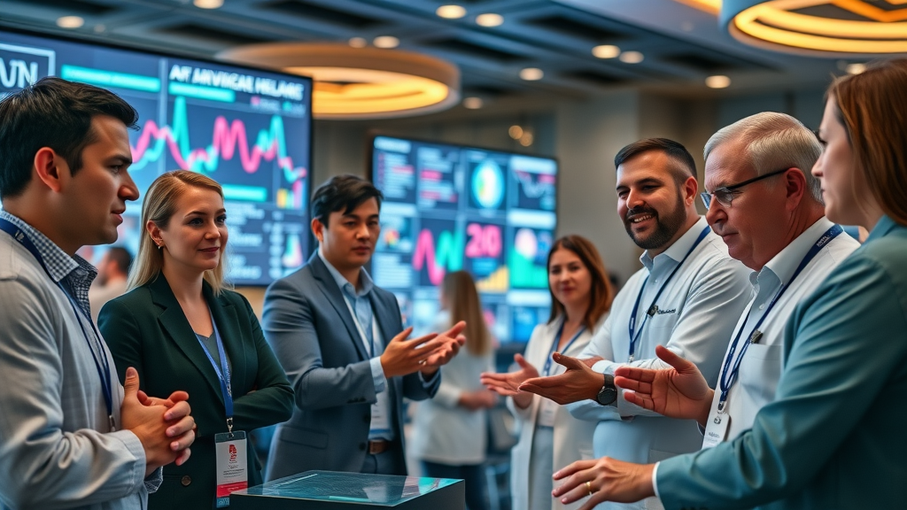 global healthcare team strategizing on AI-powered healthcare solutions at a conference.