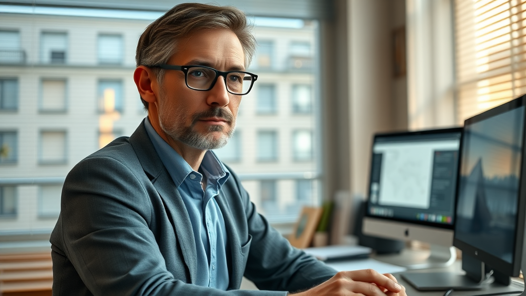 ethicist analyzing AI privacy regulations and transparency in a modern healthcare office.