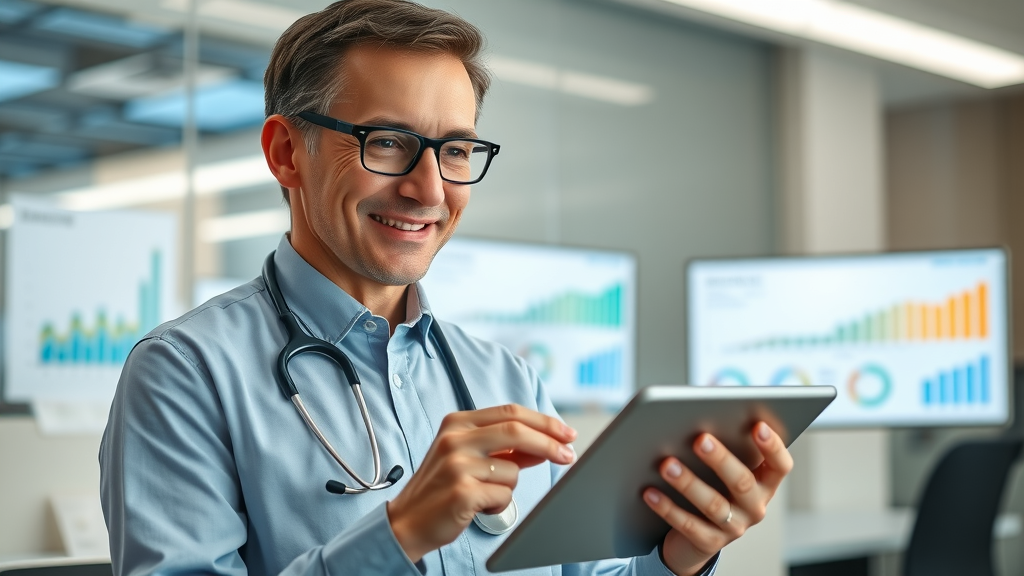 healthcare administrator using healthcare automation to analyze cost savings and efficiency reports