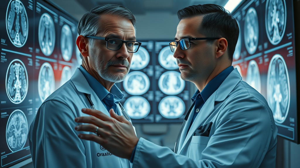 Radiologist analyzing AI-interpreted MRI scans in modern imaging suite