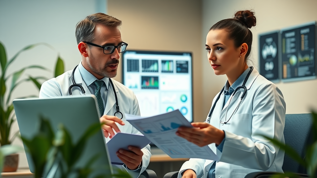 doctor and healthcare data analyst discussing predictive models to reduce readmissions