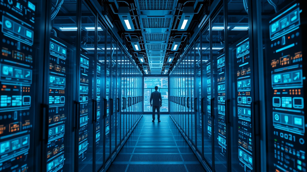 AI managing healthcare data in a sophisticated secure data center with dynamic LED displays.