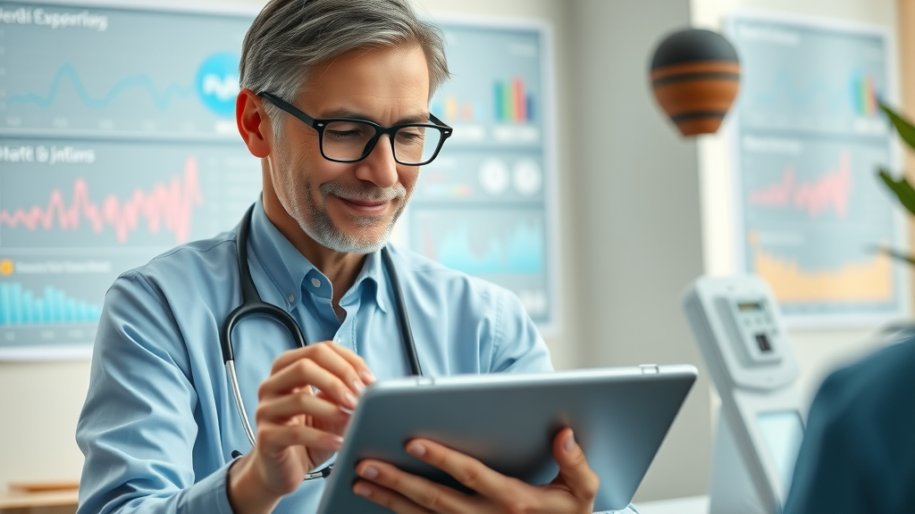 Healthcare provider consulting with virtual AI assistant on tablet in patient consultation room