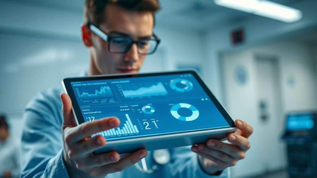 healthcare data analytics dashboard on tablet in care environment