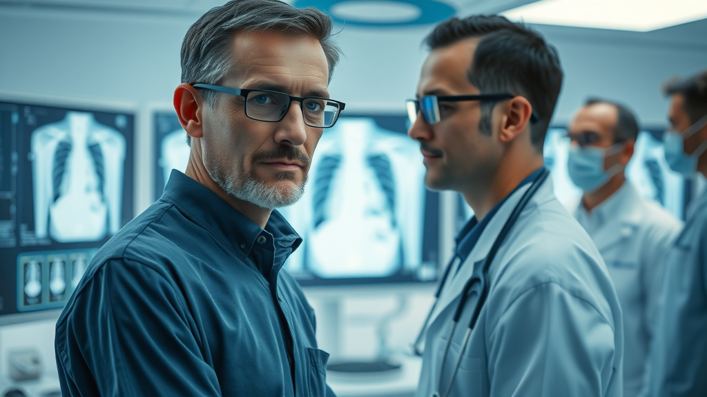 AI diagnostics: cutting-edge artificial intelligence analyzing chest X-rays, improving diagnostic accuracy in a modern hospital radiology lab