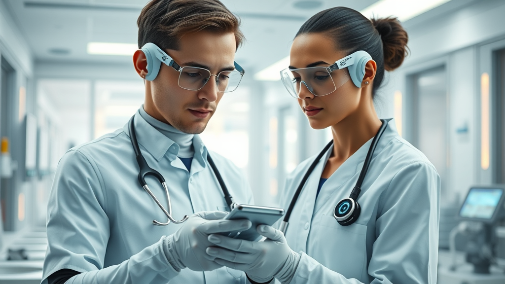 AI-driven healthcare landscape with futuristic clinicians using wearable AI devices and robotic assistants.