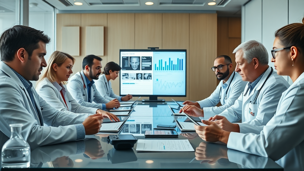Serious medical roundtable diverse team evaluating AI predictive analytics case studies care providers