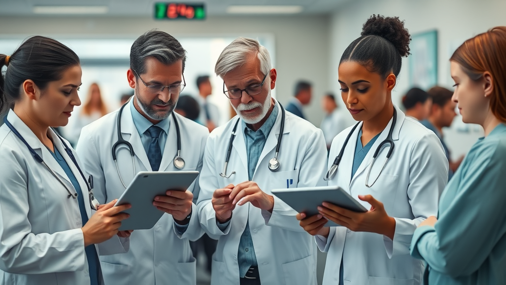 AI diagnosis: diverse medical professionals reviewing AI-generated diagnostic reports in a busy clinical healthcare system