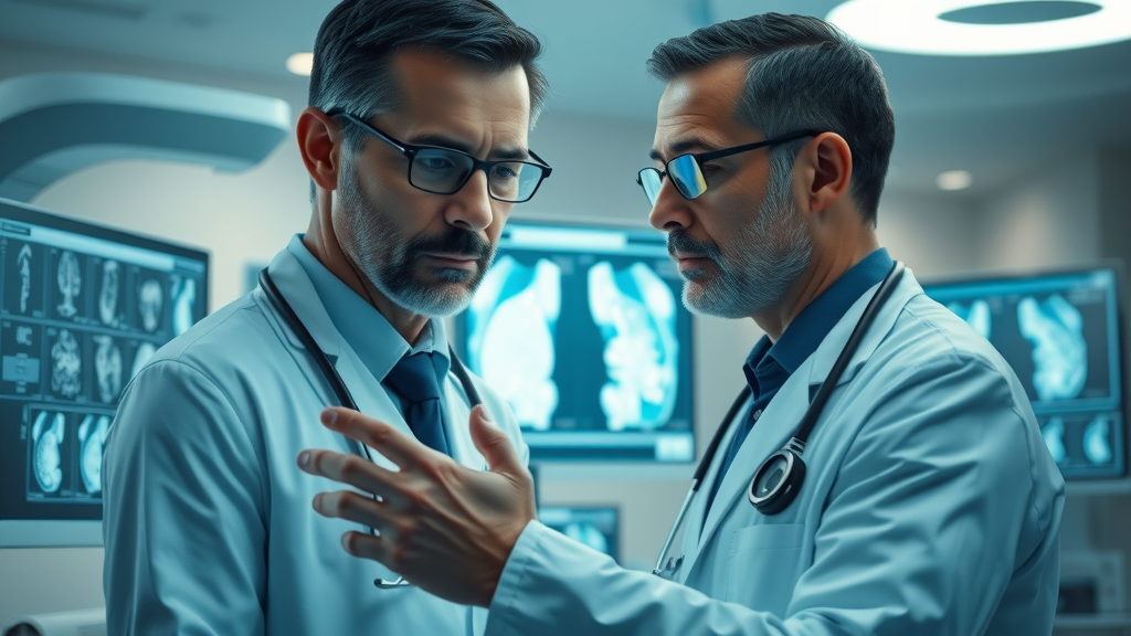 Insightful medical diagnostic scene doctor analyzing digital scan with AI-powered interface overlay modern hospital environment ai medical applications