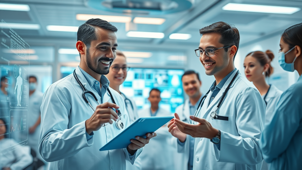AI diagnostics: futuristic clinical team using holographic displays to interpret patient data in an advanced hospital environment