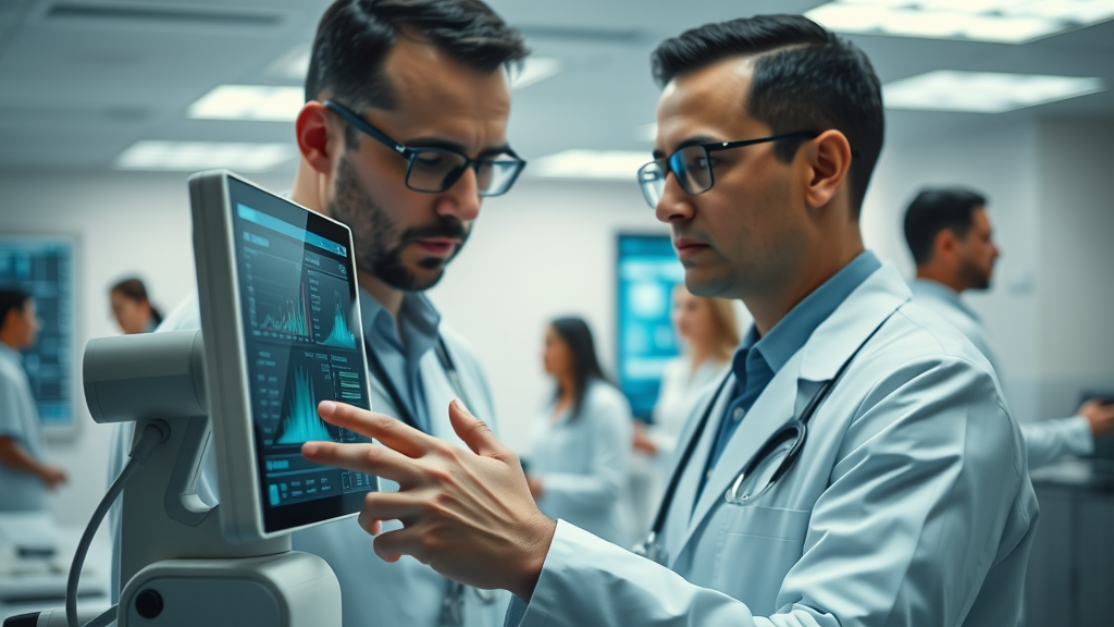 AI diagnostics: medical device interface displaying AI-generated results, clinician reviewing diagnostic screen in a healthcare system