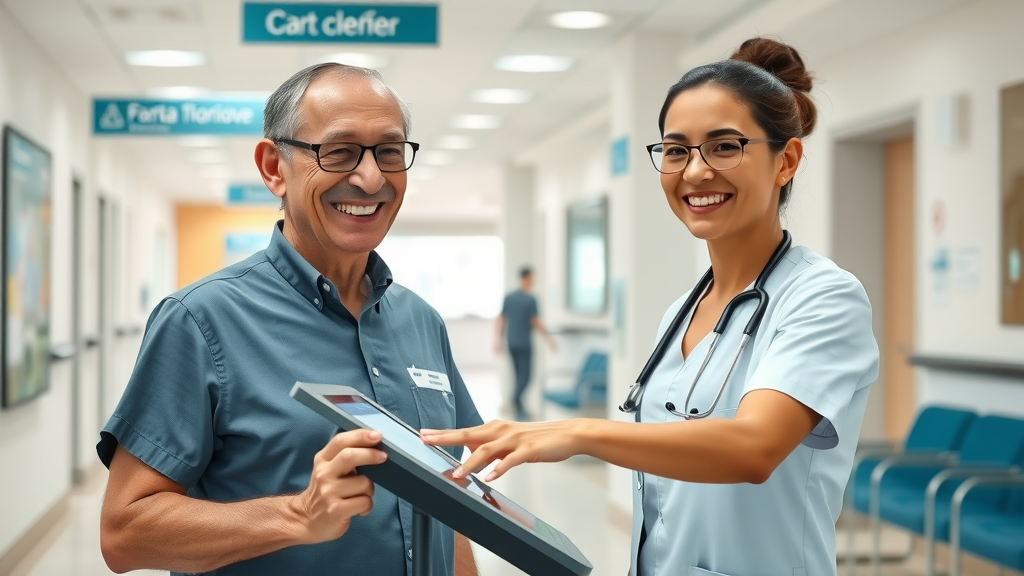 relieved patient and nurse using healthcare automation digital check-in kiosk