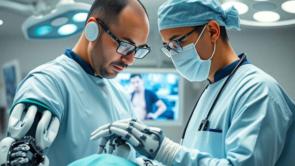Robotic surgeon arms assisting doctor in surgery, high-tech clinical operating room