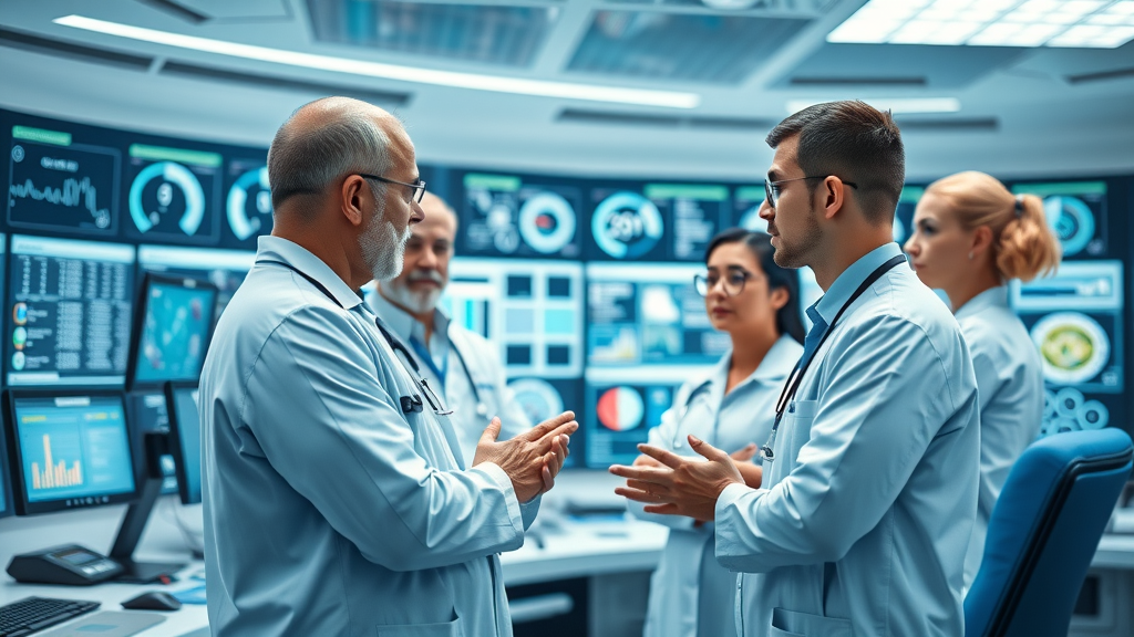 modern hospital control center with healthcare automation dashboard and tech team