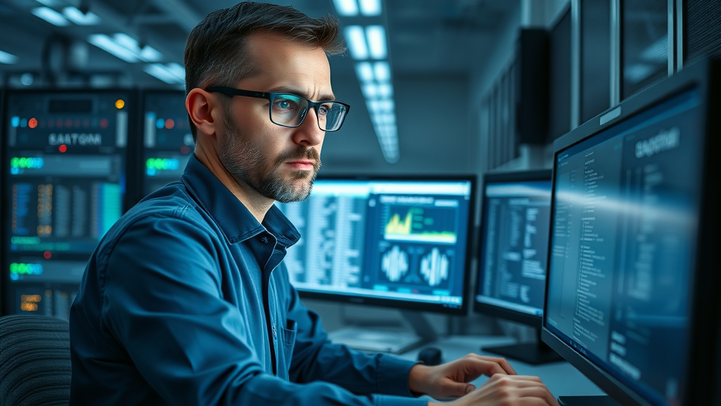 IT specialist configuring healthcare automation EHR software in a secure server room