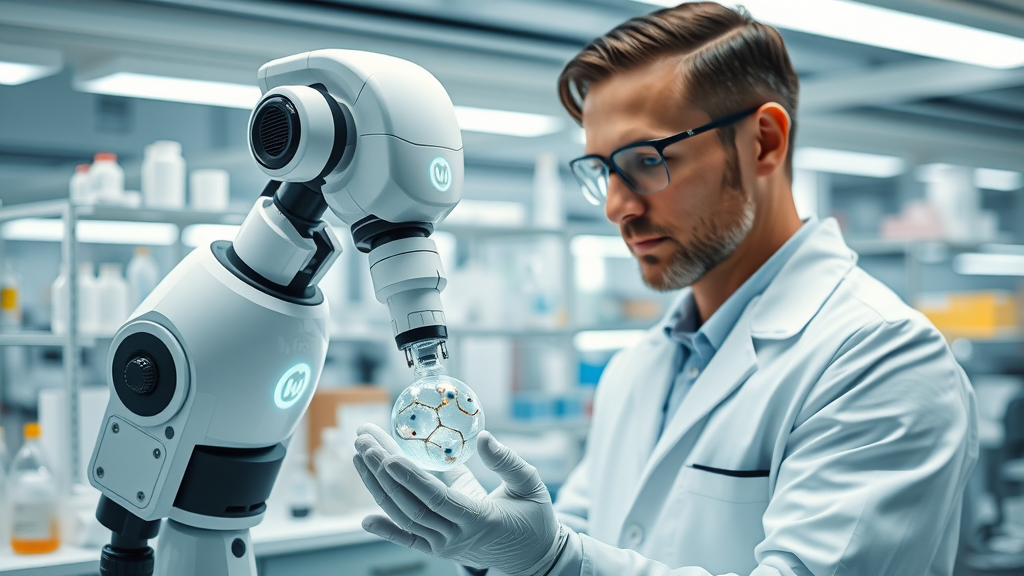 Advanced pharmaceutical research lab AI-powered robotic arm analyzing molecular compound drug discovery ai medical applications