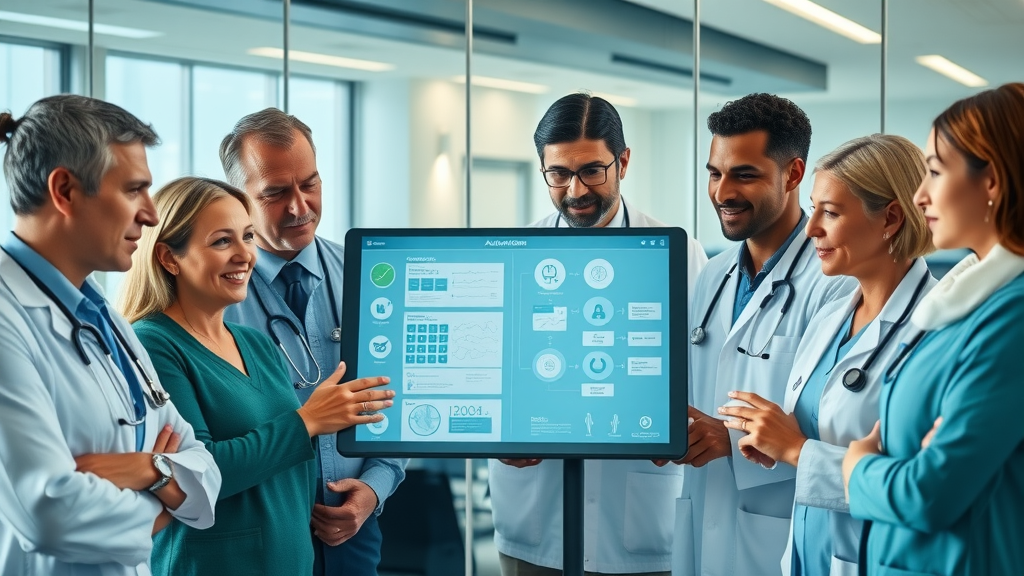 diverse healthcare team collaborating on healthcare automation workflow