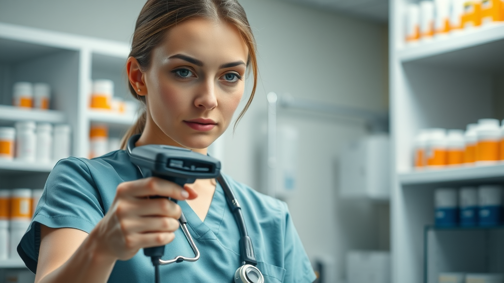 nurse using healthcare automation to verify medication with barcode scanner