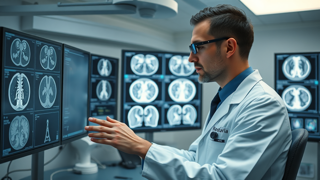 radiologist using AI-enhanced CT scans in a high-tech imaging lab for better clinical practice.