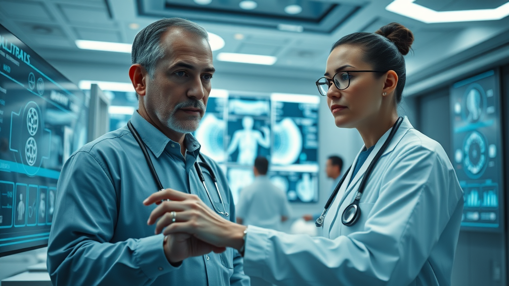 artificial intelligence in healthcare - clinicians collaborating with advanced AI-driven diagnostic screens in a high-tech hospital.