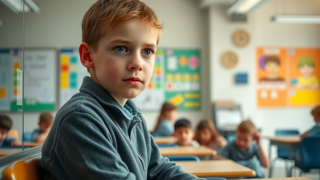 thoughtful school-aged boy with autism in classroom, reflecting challenges of spectrum disorder