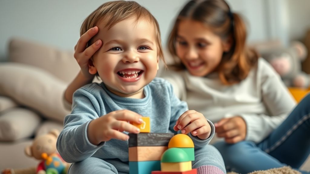 smiling child with Down syndrome and autism, supported by family, potential for stem cell product