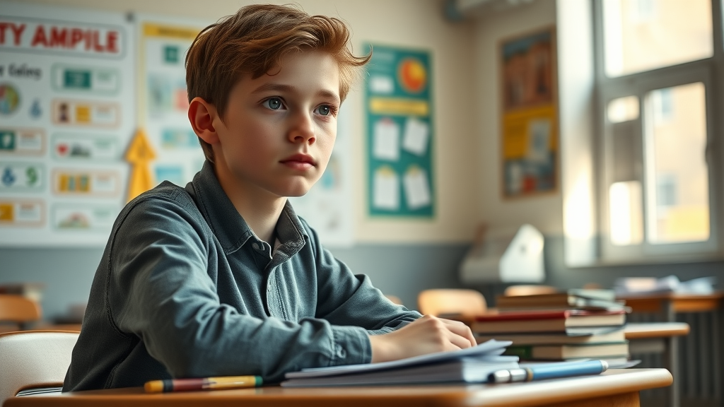 Thoughtful adolescent student studying in classroom, focused despite attention deficit hyperactivity disorder diagnosis.