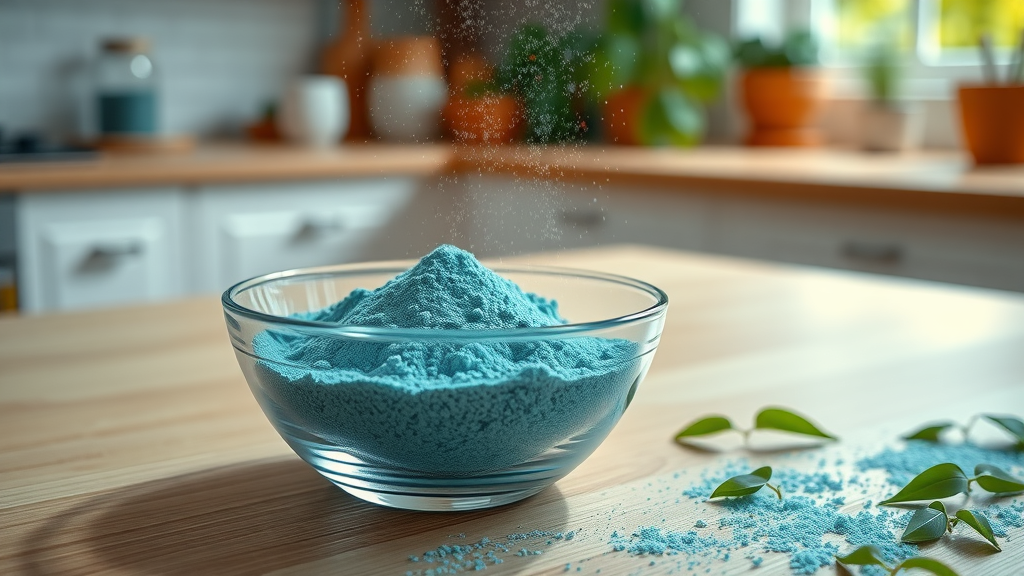 Bowl of blue green algae powder on a light wood table, highlighting blue green algae as a dietary supplement for ADHD.