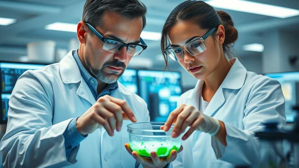 Scientists analyzing algae samples in laboratory, researching blue green algae and attention deficit/hyperactivity disorder.