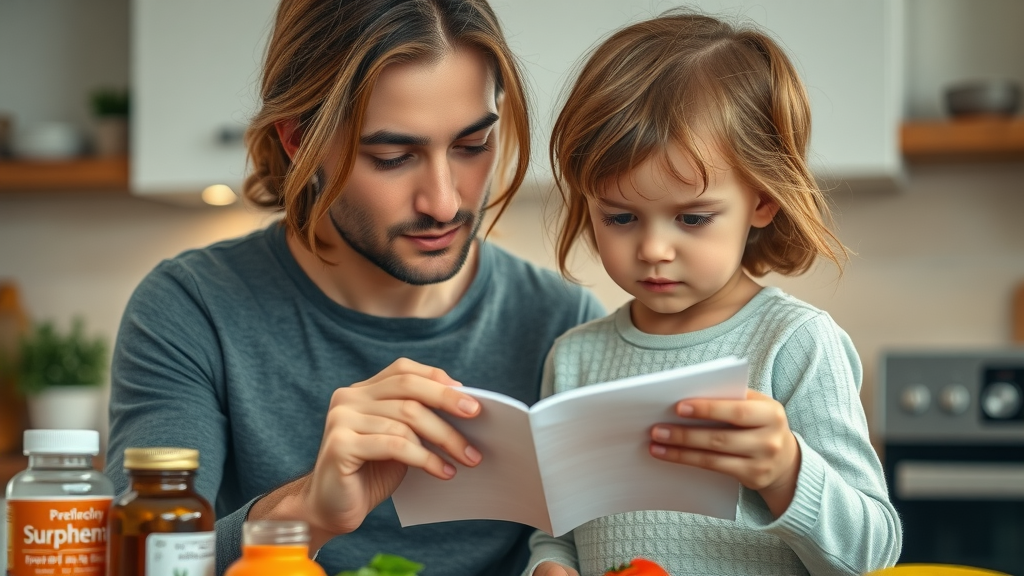 Parent and child reviewing blue green algae supplement label, discussing potential side effects for ADHD.
