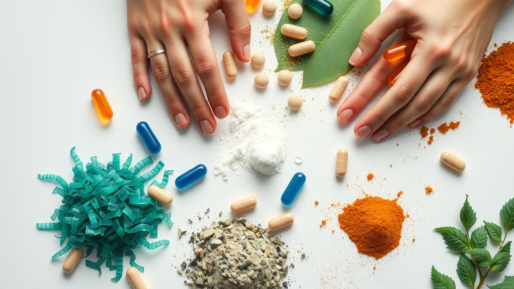 Supplement comparison: blue green algae and others for attention deficit hyperactivity disorder. Capsules and powders arranged on white background.