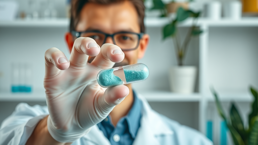 Scientist holding blue green algae capsule, explaining health benefits for attention deficit hyperactivity disorder.