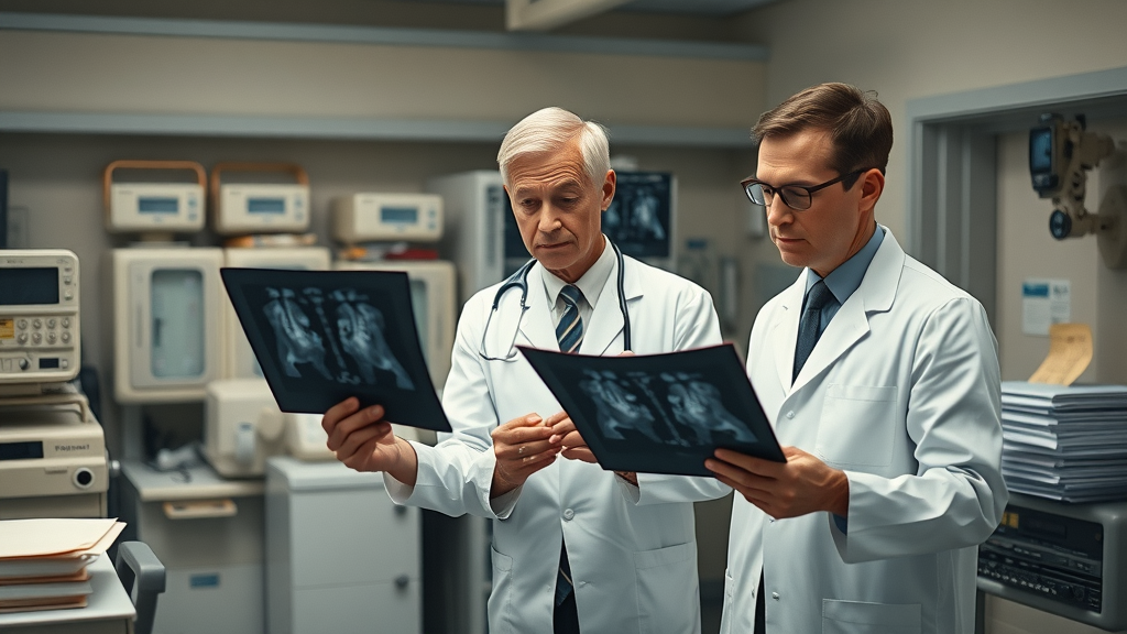 Historical hospital radiology department, radiologists examining X-ray films with analog radiology equipment. AI medical imaging historical context.
