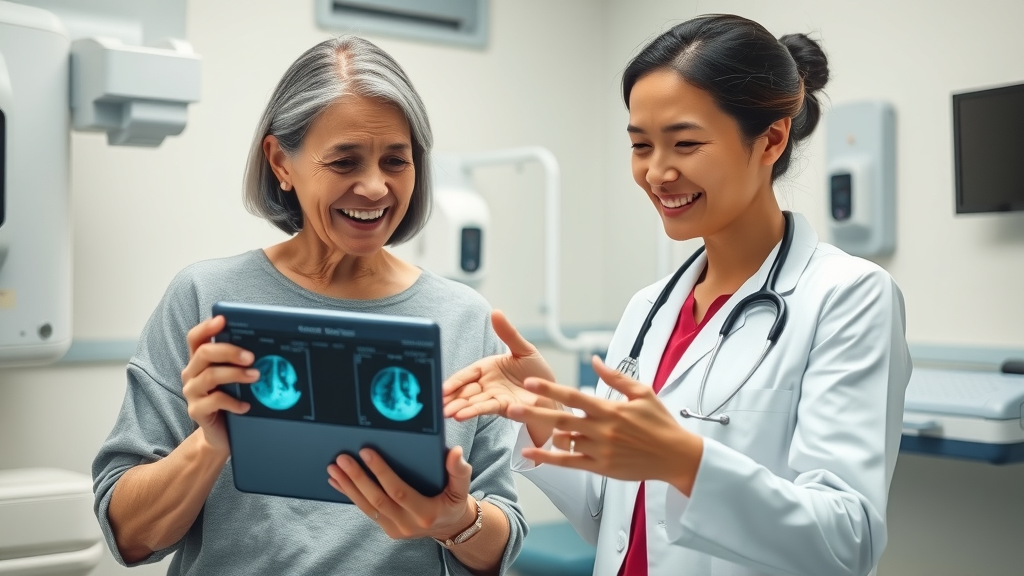 Hopeful patient and radiologist reviewing AI-augmented breast cancer scan on tablet. AI medical imaging for breast cancer early detection.