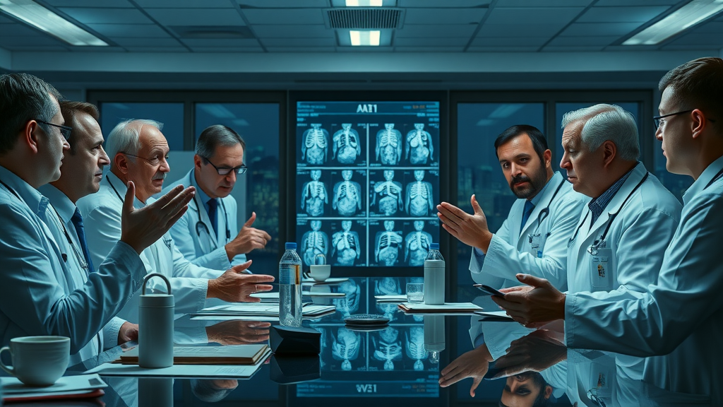 Doctors and tech experts debating AI results in medical images. AI medical imaging controversies and discussion.